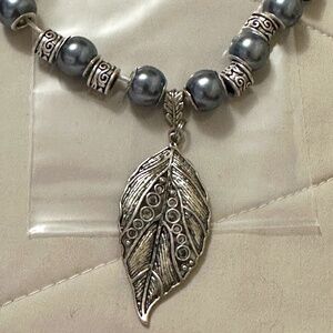 925 Sterling Silver Chain w/Slate Gray Beads & Large Leaf Charm. Handmade. NWOT.